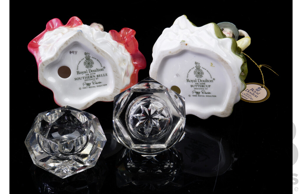 Two Royal Doulton Porcelain Ladies Comprising Buttercup & Southern Belle Along with Pair Crystal Salt & Pepper Cellars