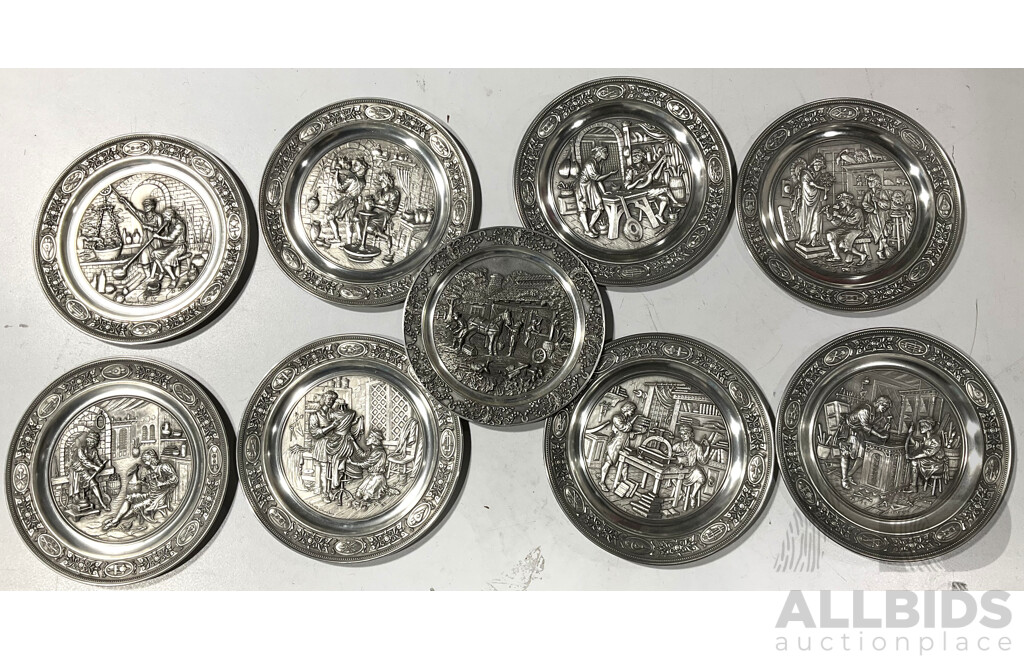 Eight Vintage SKS Pewter Wall Plates and One by Bradford Exchange