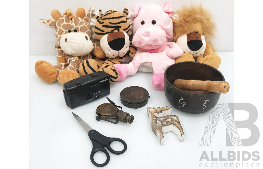 Selection of Miscellaneous Items Including Jewellery, Picnic Basket, Puppets, and More