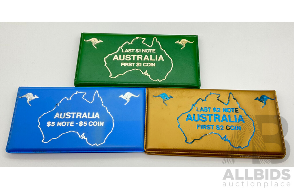 Australian Last Note and First Coin Folders, 1984 One Dollar DKQ, 1988 Two Dollar LNU and 1988 Five Dollar PYV (3)