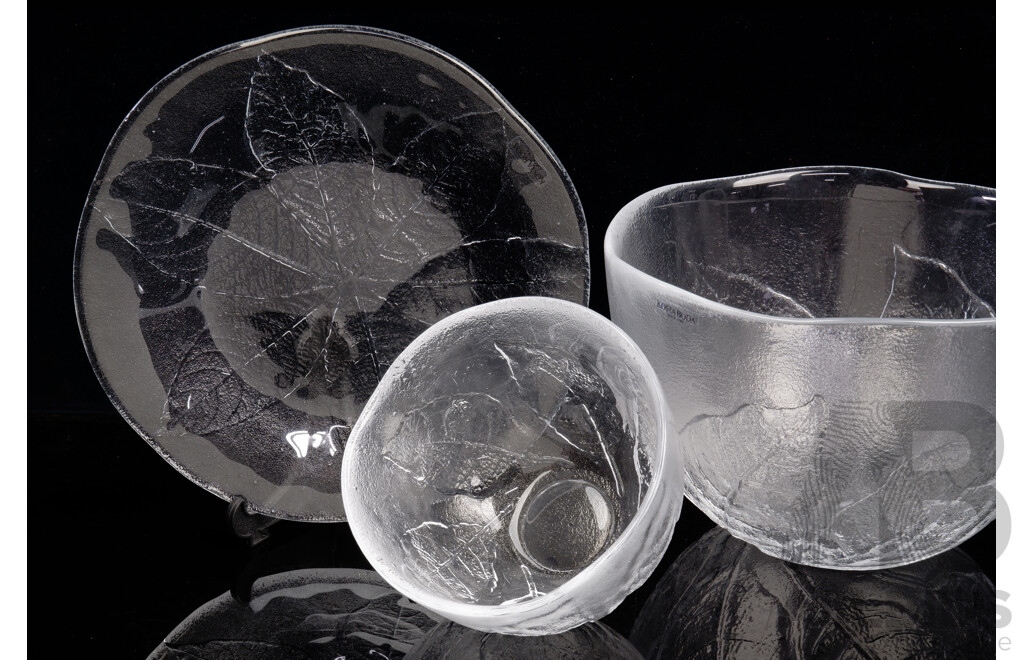 Collection Five Pieces Kosta Boda Leaf Decorated Crystal by Ann Warff, Most with Original Labels