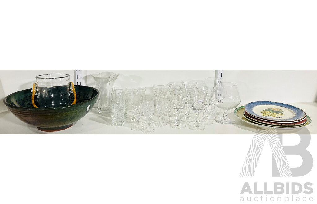 Quantity of Crystal Glasses, a Ceramic Glazed Bowl and Several Plates Including Villeroy & Boch and More
