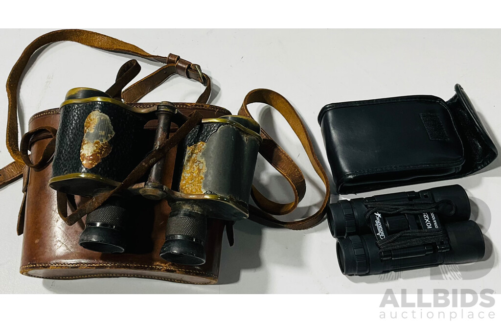Vintage Hughes & Son London Binoculars in Original Leather Case, Alongside Modern Australian Geographic Binoculars