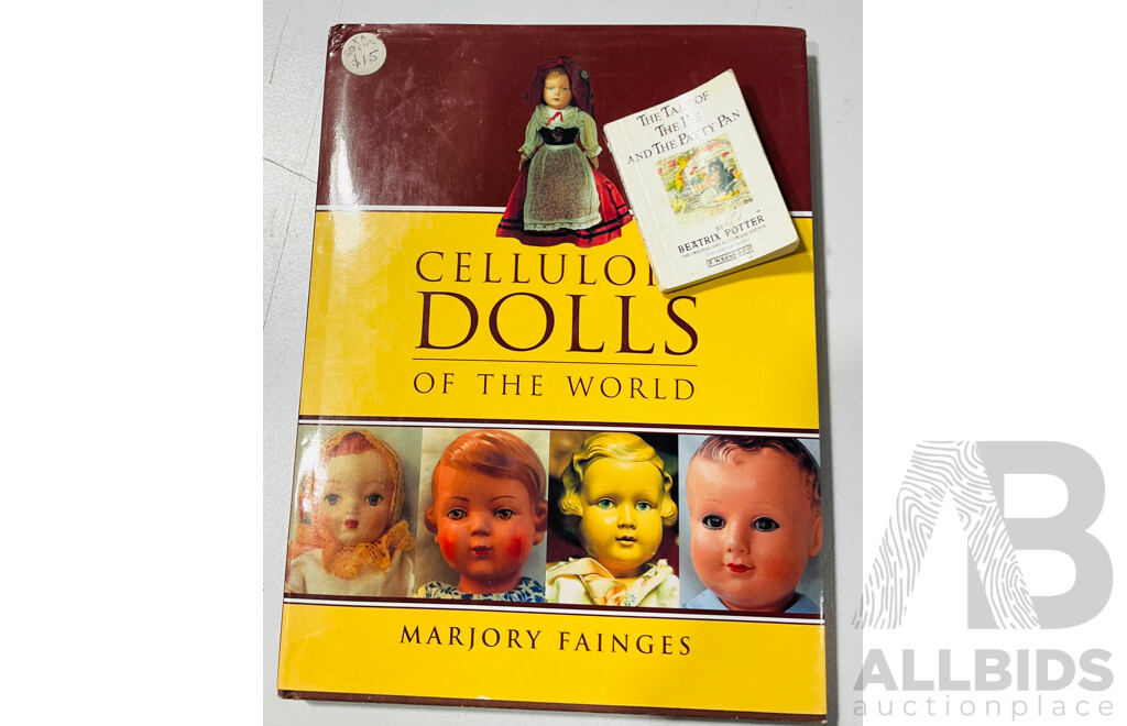 Vintage Doll with Bonnet and Celluloid Dolls of the World by Marjory Fainges, Alongside a Mini Beatrix Potter Book