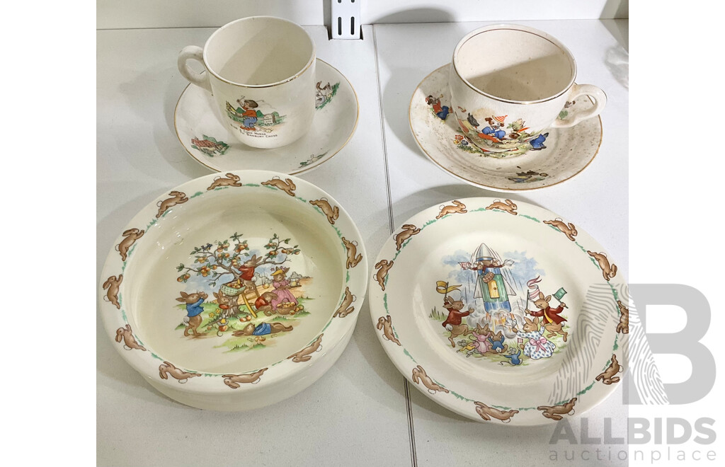 Bunnykins Plate, Bowl and Two Vintage Childrens Teacups