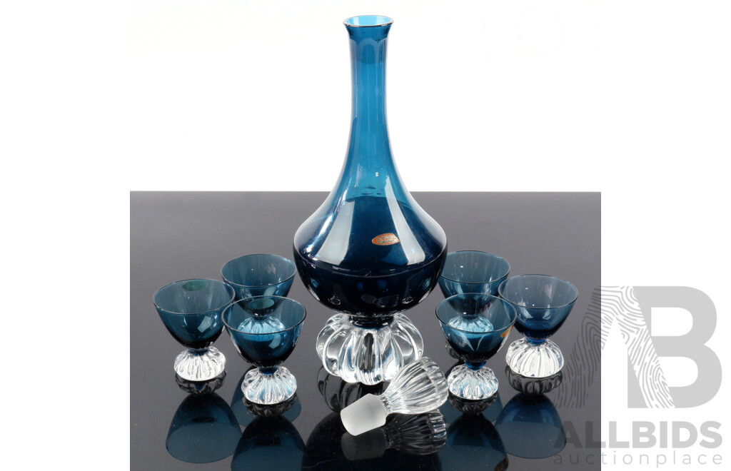 Retro Swedish Christina Blue Glass Decanter with Stopper, Original Label and Six Matching Glasses