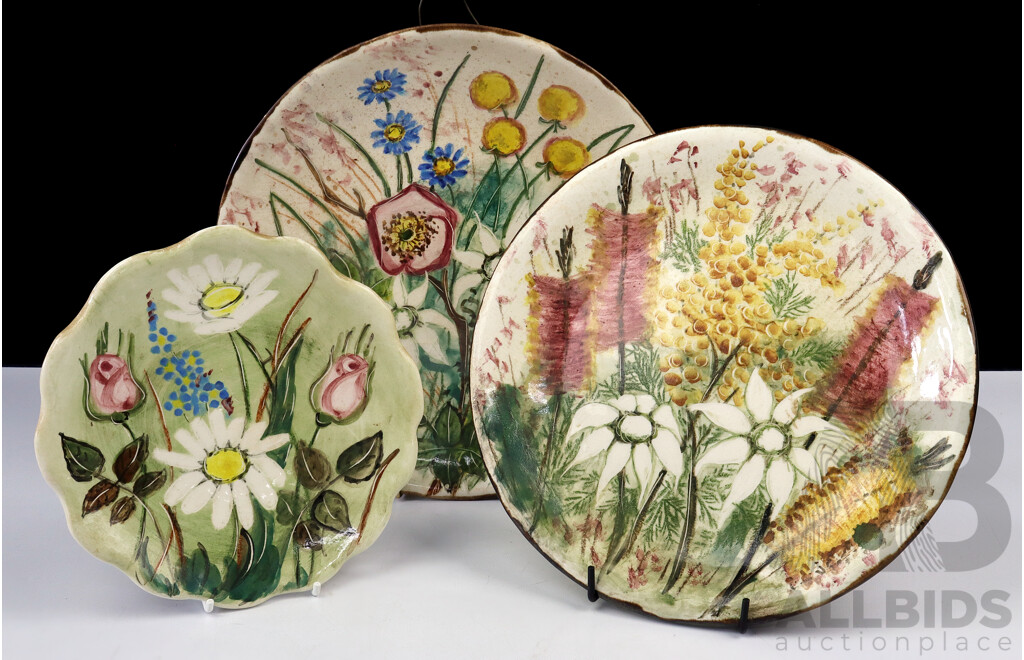 Three Pieces Vintage Australian Hand Painted Daisy Ware, Signed to Back