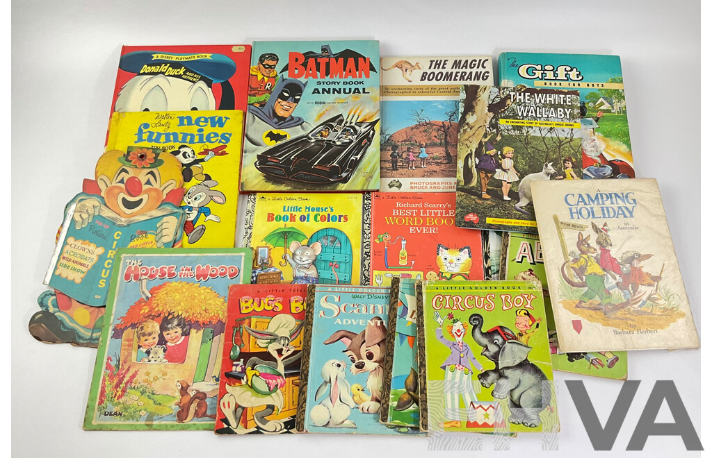 Vintage Collectable Books Including 1968 Batman Story Book Annual, Golden Books, Australian Children's Books, 'The Magic Boomerang' 'A Camping Holiday' 'The White Wallaby' and More