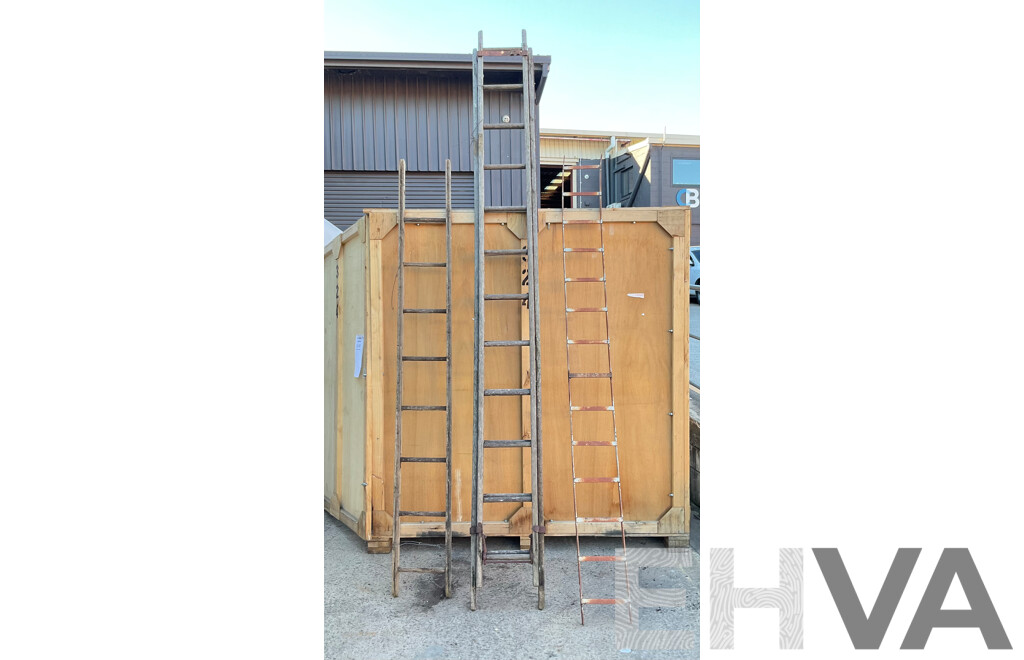 Three Vintage Ladders Including Mote Australia Large Timber Extension Ladder, Rigid Timber, and Bespoke Steel Ladder