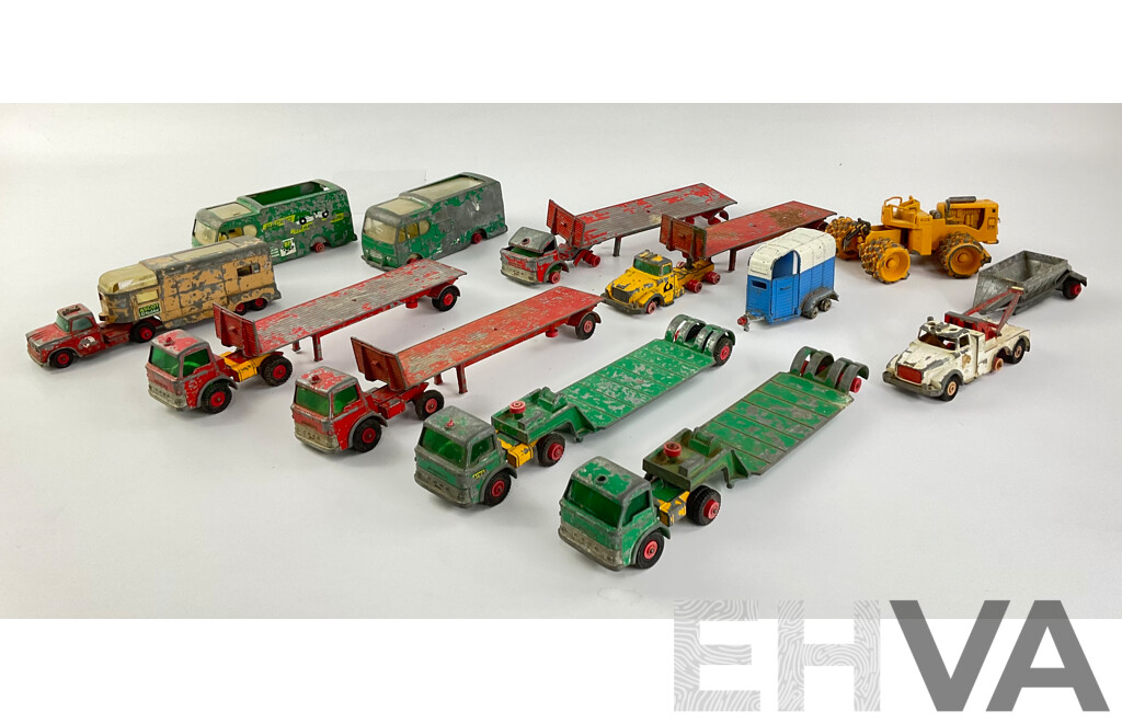 Collection of Vintage Diecast Matchbox Trucks and Vans Including Ascot Stables and Laing