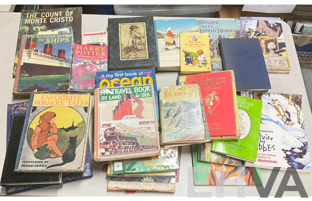 Collection of Vintage and Contemporary Children's Books Including Dragon and Wizard Themes, the Authoritative Calvin & Hobbs, the Enchanted Places, Christopher Milne, the Pirate Omnibus, and More