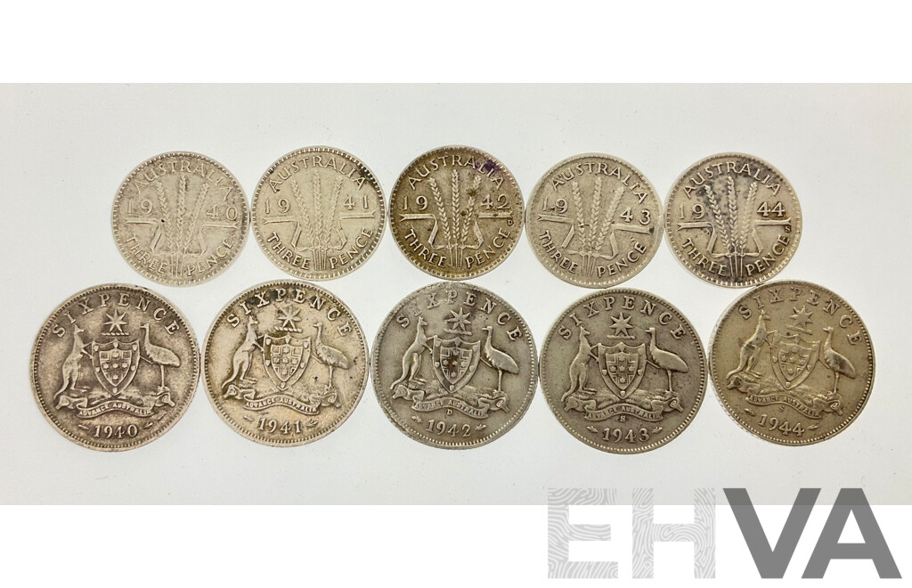 Australian 1940, 41, 42, 43, 44 Silver KGVI Sixpence and Threepence Including San Fransicao and Denver Mint .925