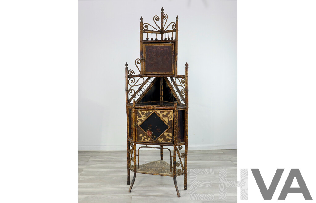 Asian Bamboo Corner Shelf and Cabinet with Wicker Detail and Lacquered Panels