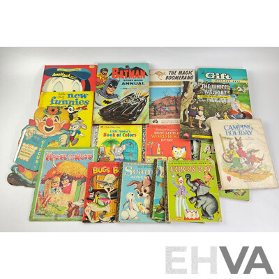 Vintage Collectable Books Including 1968 Batman Story Book Annual, Golden Books, Australian Children's Books, 'The Magic Boomerang' 'A Camping Holiday' 'The White Wallaby' and More