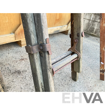 Three Vintage Ladders Including Mote Australia Large Timber Extension Ladder, Rigid Timber, and Bespoke Steel Ladder