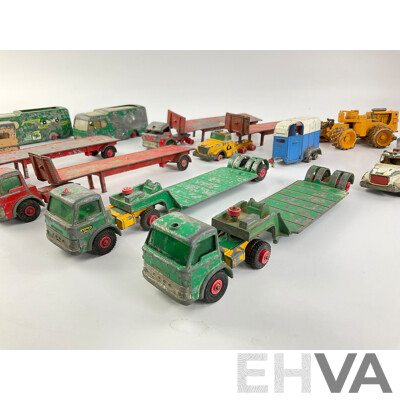 Collection of Vintage Diecast Matchbox Trucks and Vans Including Ascot Stables and Laing