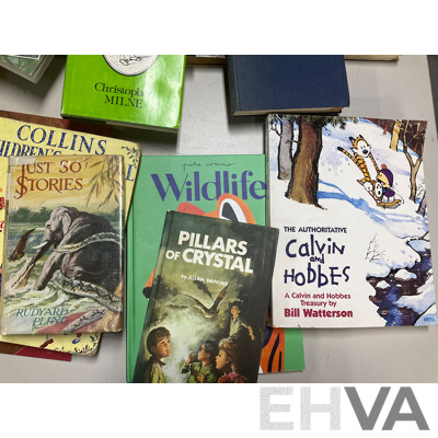 Collection of Vintage and Contemporary Children's Books Including Dragon and Wizard Themes, the Authoritative Calvin & Hobbs, the Enchanted Places, Christopher Milne, the Pirate Omnibus, and More