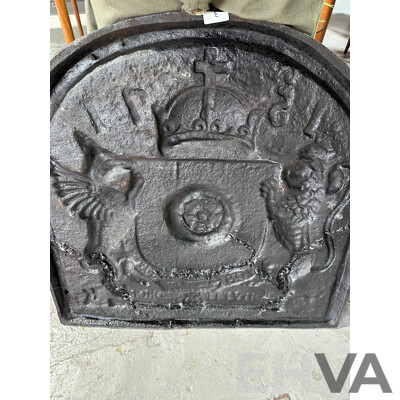 Late 19th Century Cast Iron English Fire Place Back with Coat of Arms, Wyvern and a Lion Supporting a Shield Centred by a Rose