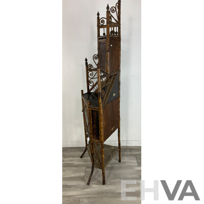 Asian Bamboo Corner Shelf and Cabinet with Wicker Detail and Lacquered Panels