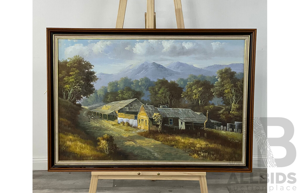 A. Wilson, Untitled (Australian Landscape with Country Village), Acrylic on Board