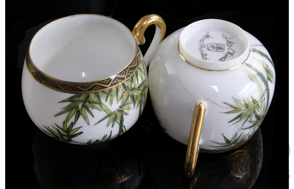 Vintage Japanese Soho China Fifteen Piece Egg Shell Porcelain Coffee Service with Hand Painted Bamboo Decoration and Gilded Rims and Handles