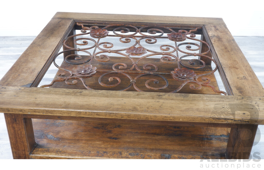 Large Gum Coffee Table with Iron Scroll and Floral Center Piece