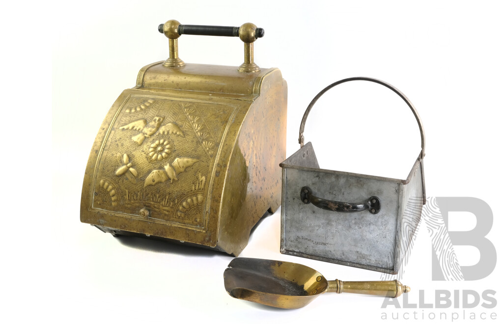 Vintage Brass Coal Scuttle with Ornate Embossed/Engraved Night Scene Depicting Flying Owl, Bat and Firefly, Includes Handled Insert and Scoop