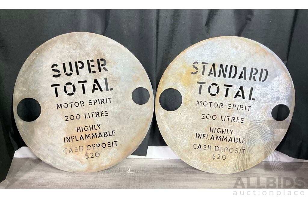 Two Vintage Galvanized Steel Total Two Hundred Liter Drum Letter Stencils, Super Total Motor Spirit and Standard Total Motor Spirit