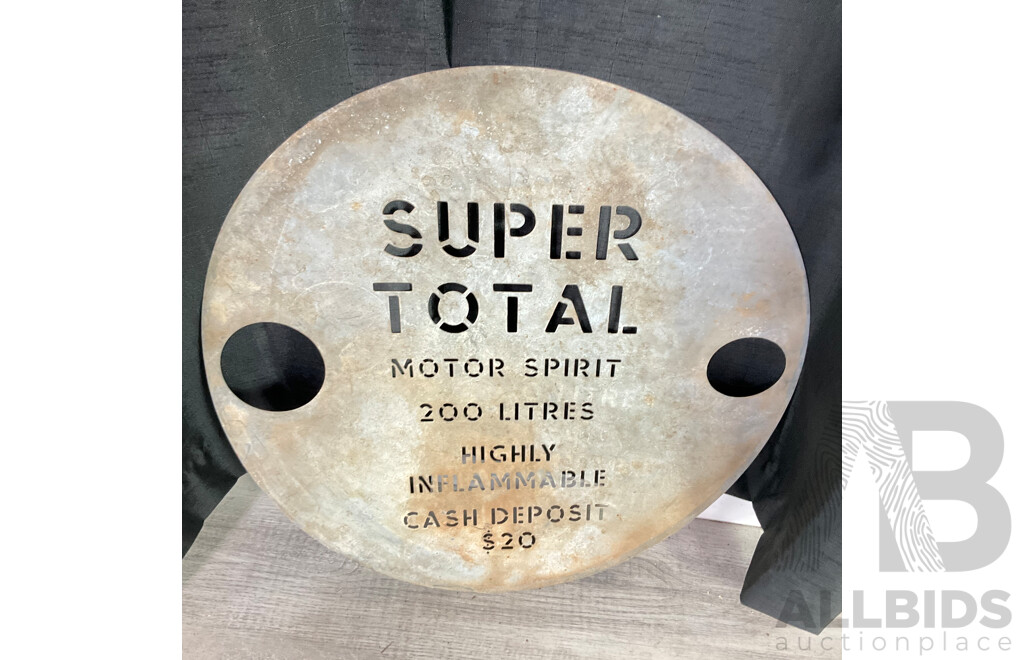 Two Vintage Galvanized Steel Total Two Hundred Liter Drum Letter Stencils, Super Total Motor Spirit and Standard Total Motor Spirit