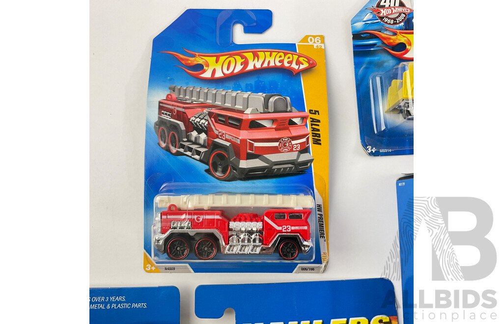 Collection of Boxed Hot Wheels Including Police Patrol Five Pack, Haulers Fire Truck, 5 Alarm, Fire Eater and Sweet Streets, Surf’s Up