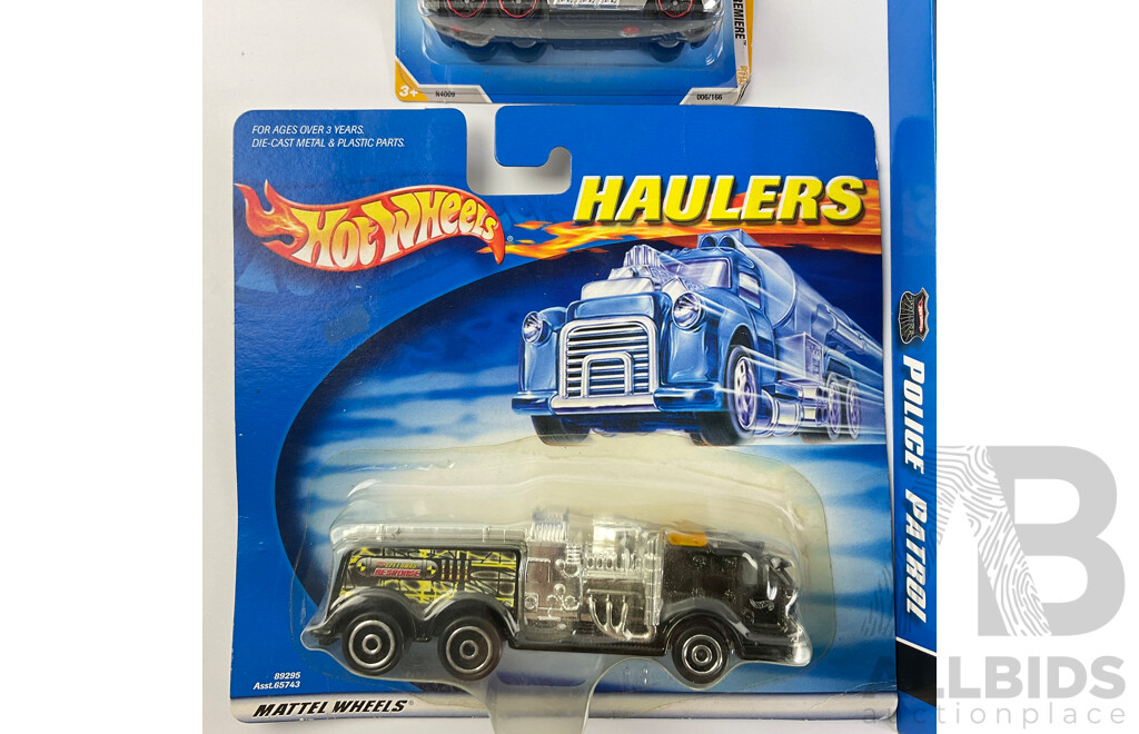 Collection of Boxed Hot Wheels Including Police Patrol Five Pack, Haulers Fire Truck, 5 Alarm, Fire Eater and Sweet Streets, Surf’s Up