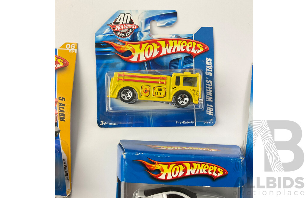 Collection of Boxed Hot Wheels Including Police Patrol Five Pack, Haulers Fire Truck, 5 Alarm, Fire Eater and Sweet Streets, Surf’s Up