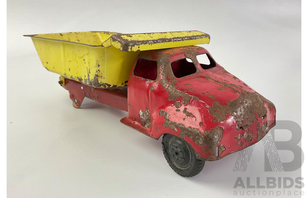 Vintage Pressed Steel Dump Truck and 1960's Ertl Harvester Trailer