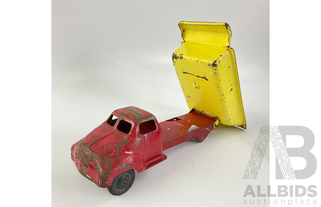 Vintage Pressed Steel Dump Truck and 1960's Ertl Harvester Trailer