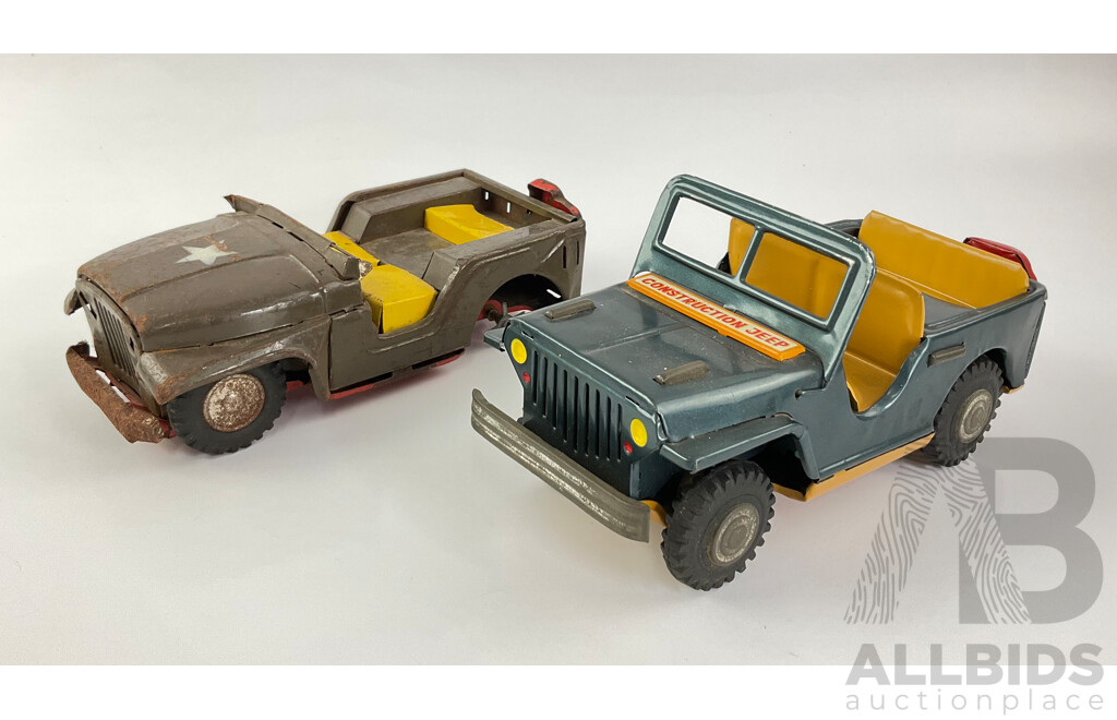 Vintage Daiya Pressed Steel Construction Jeep with Friction Motor and Army Jeep, Both Made in Japan