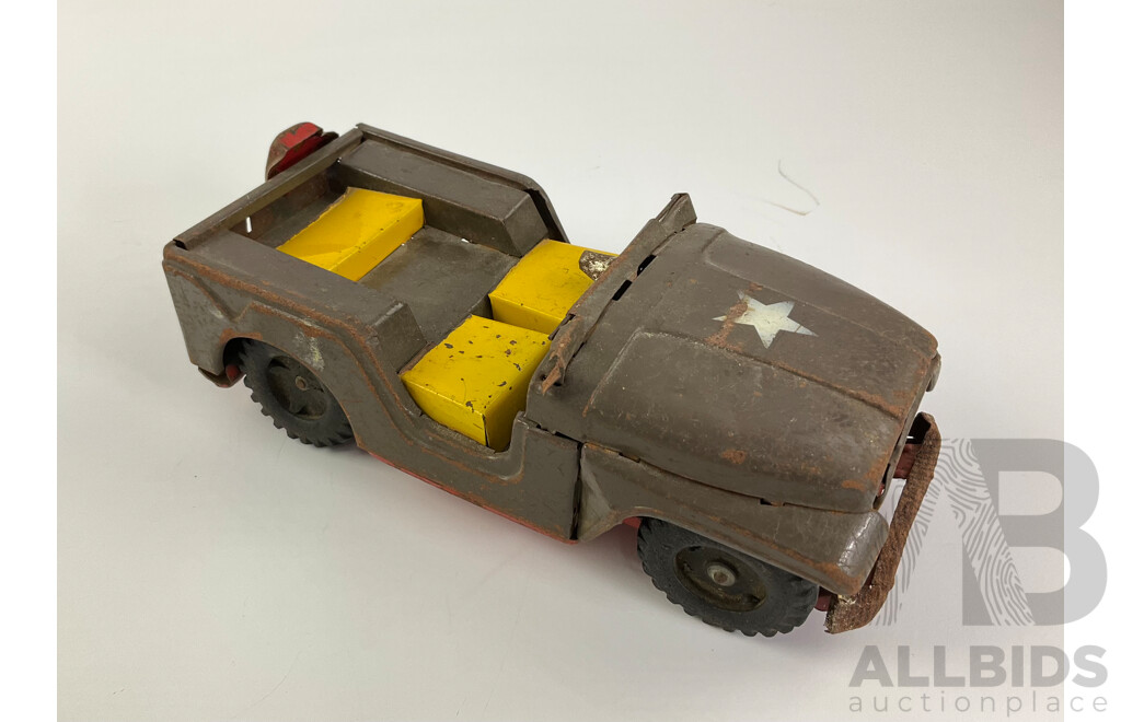 Vintage Daiya Pressed Steel Construction Jeep with Friction Motor and Army Jeep, Both Made in Japan