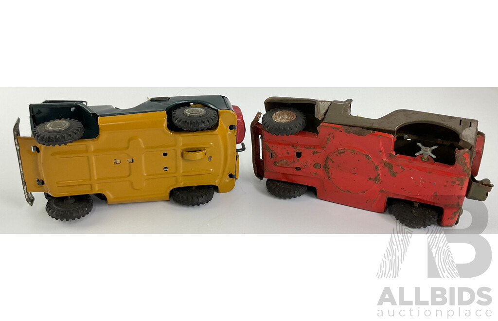 Vintage Daiya Pressed Steel Construction Jeep with Friction Motor and Army Jeep, Both Made in Japan