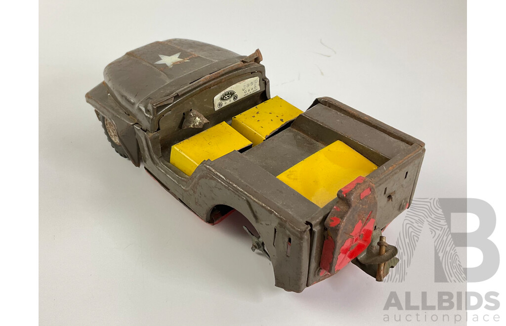 Vintage Daiya Pressed Steel Construction Jeep with Friction Motor and Army Jeep, Both Made in Japan