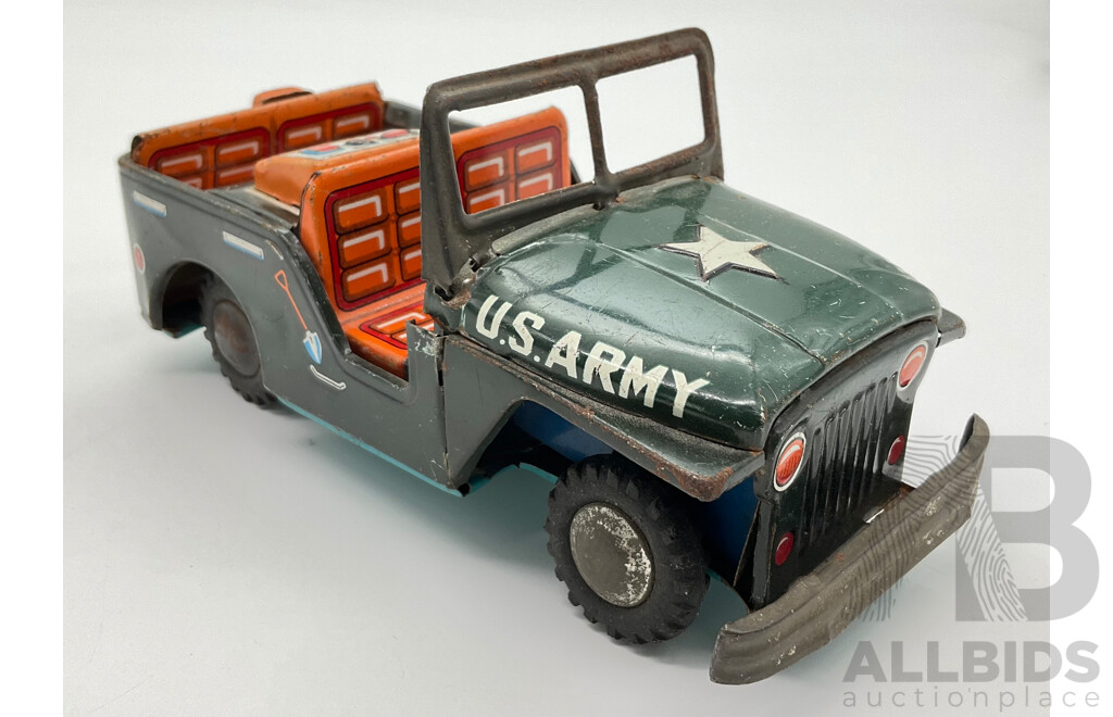 Vintage Pressed Steel Army Jeep with Friction Motor, Made in Japan