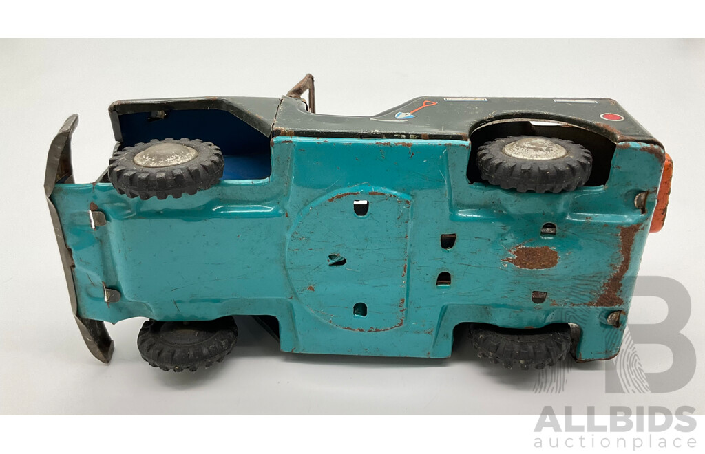 Vintage Pressed Steel Army Jeep with Friction Motor, Made in Japan