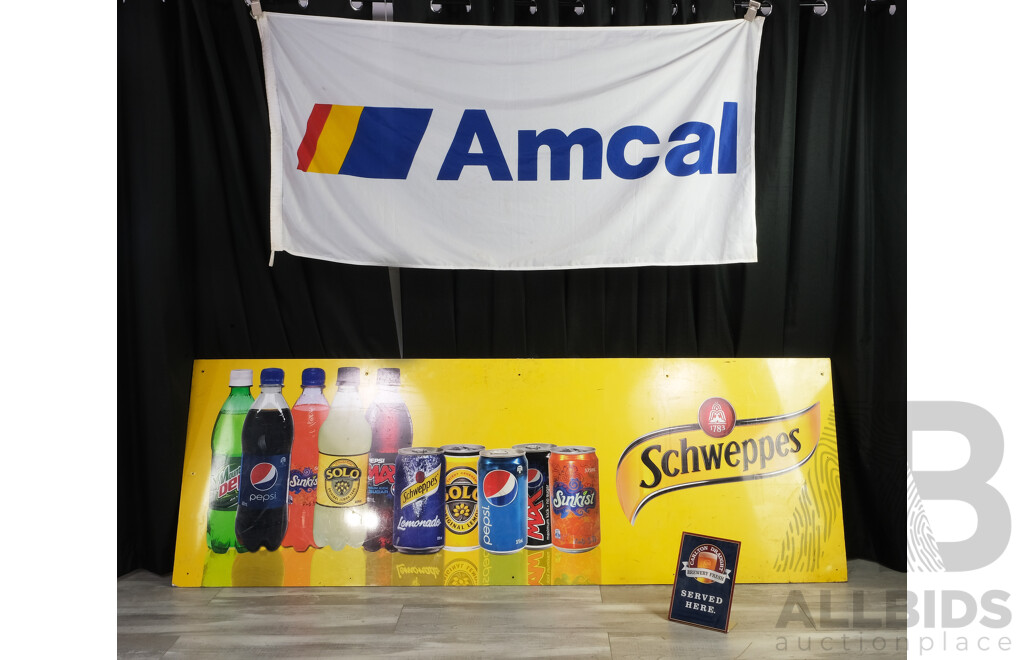 Large Aluminium Schweppes Advertisement Sign, AMCAL Nylon Flag and Carlton Draught Bar Sign