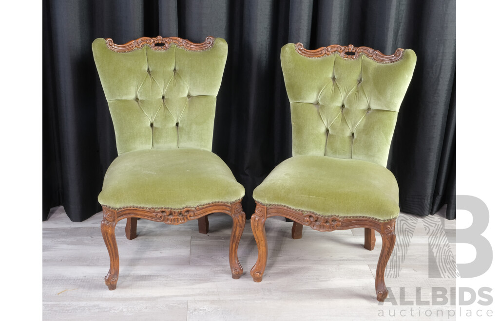 Two Vintage Mahogany Grandmother Chairs with Carvings and Tufted Backs