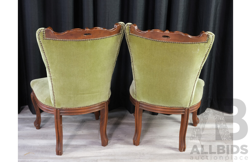 Two Vintage Mahogany Grandmother Chairs with Carvings and Tufted Backs