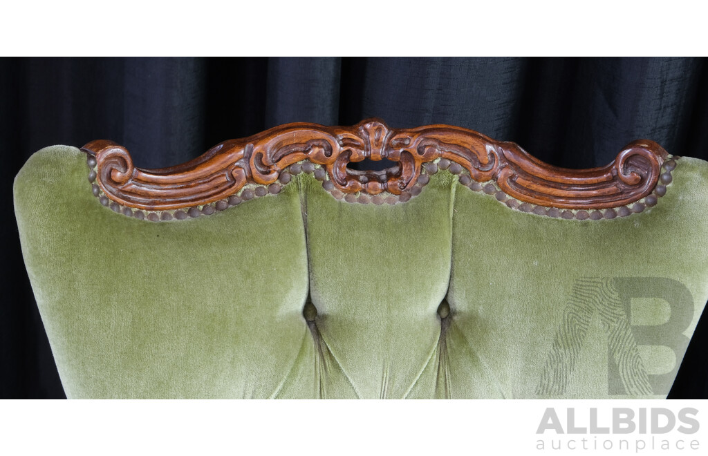 Two Vintage Mahogany Grandmother Chairs with Carvings and Tufted Backs