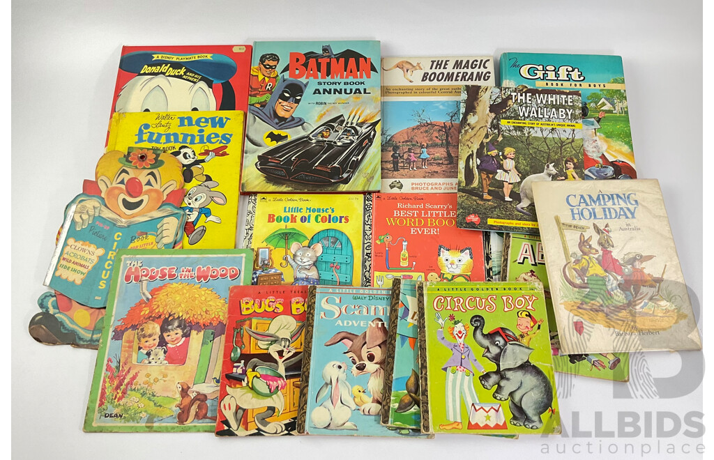 Vintage Collectable Books Including 1968 Batman Story Book Annual, Golden Books, Australian Children's Books, 'The Magic Boomerang' 'A Camping Holiday' 'The White Wallaby' and More