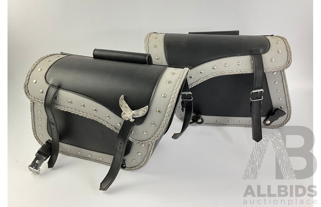 Two Motorcycle Pannier Bags, Grey and Black with Silver Studs