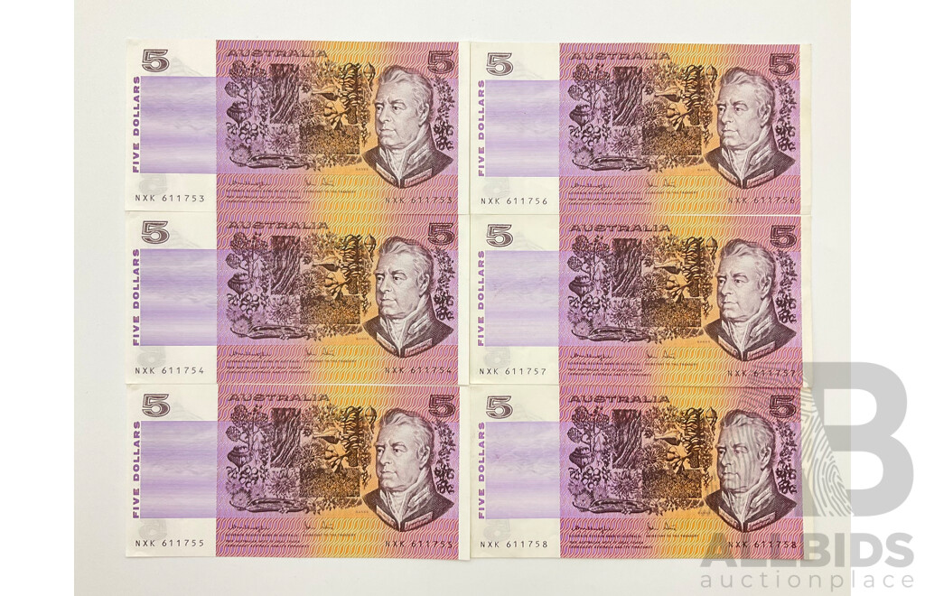 Six Australian 1979 Five Dollar Notes, Knight/Stone R207, Consecutive NXK 611753 - NXK 611758