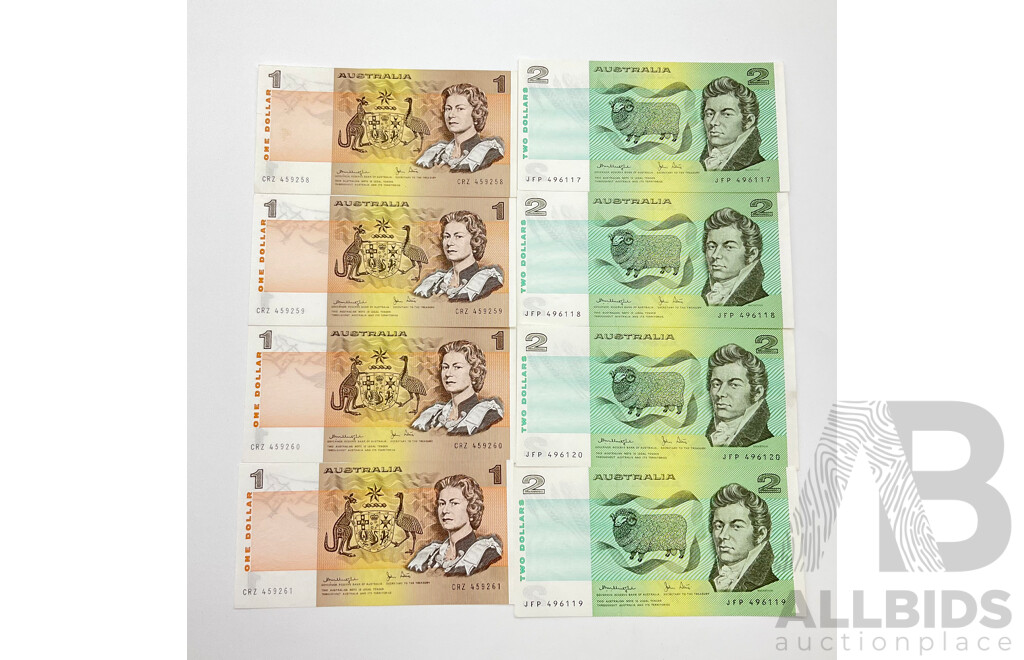 Australian 1979 One and Two Dollar Notes, Knight/Stone, R87 Two Dollar Consecutive JFP 496117 - JFP 496120, R77 One Dollar Consecutive CRZ 459258 - CRZ 459261