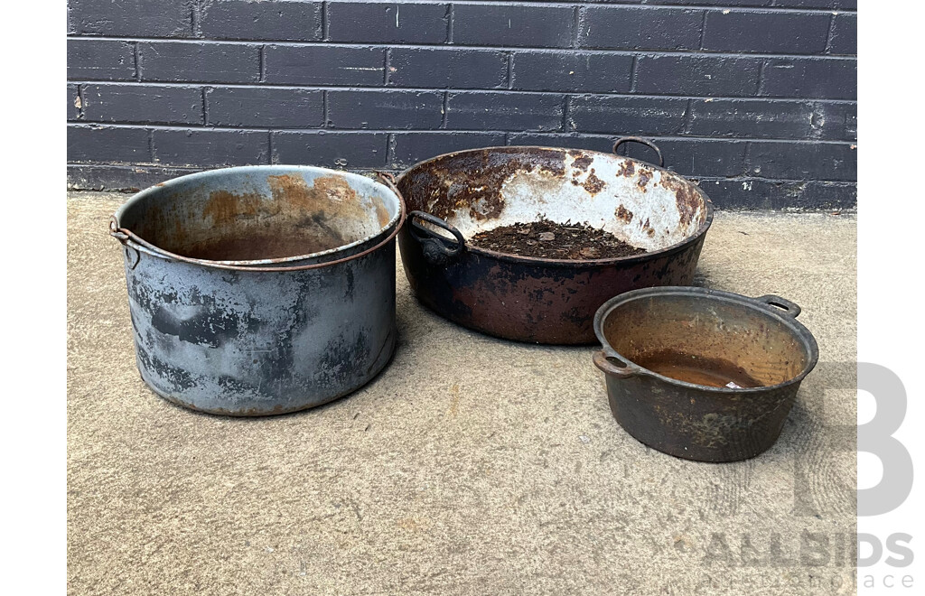 Collection of Three Metal Camp Cooking Pots/Flower Planters