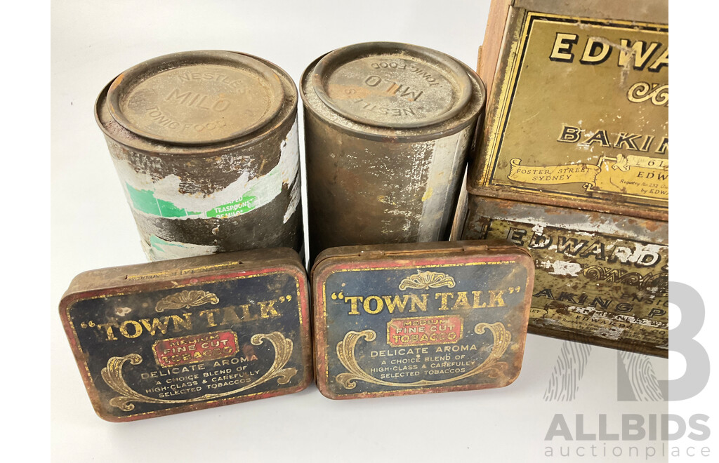 Collection of Vintage Australian Tins and Bottles Including Edwards & Co Baking Powder, Town Talk Tabacco, Milo, Angiers Emulsion with 1979 Mackie Bread Baking Tins